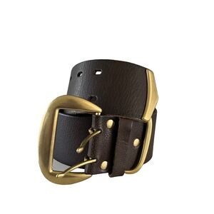 Linea Pelle Leather Wide Statement Belt Brass Buckle Dark Brown, Size Small